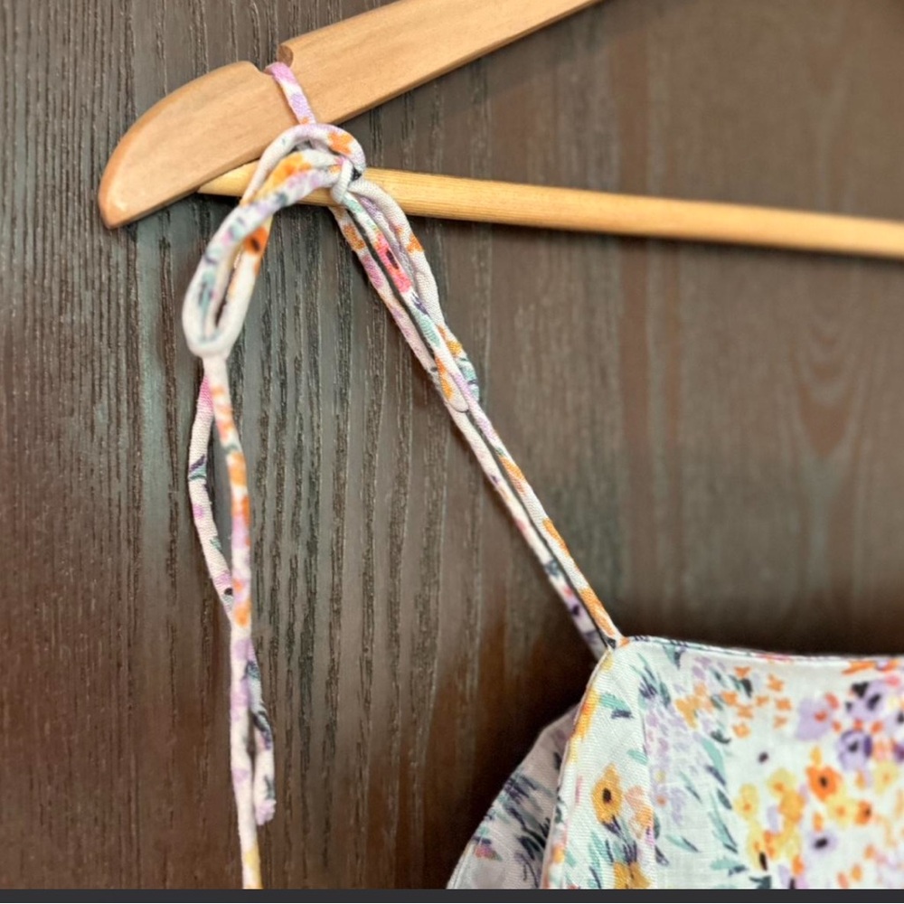 H&M 100% Linen Fitted Tie Shoulder Top Feminine Coquette Dainty Floral Boho - Picture 6 of 7